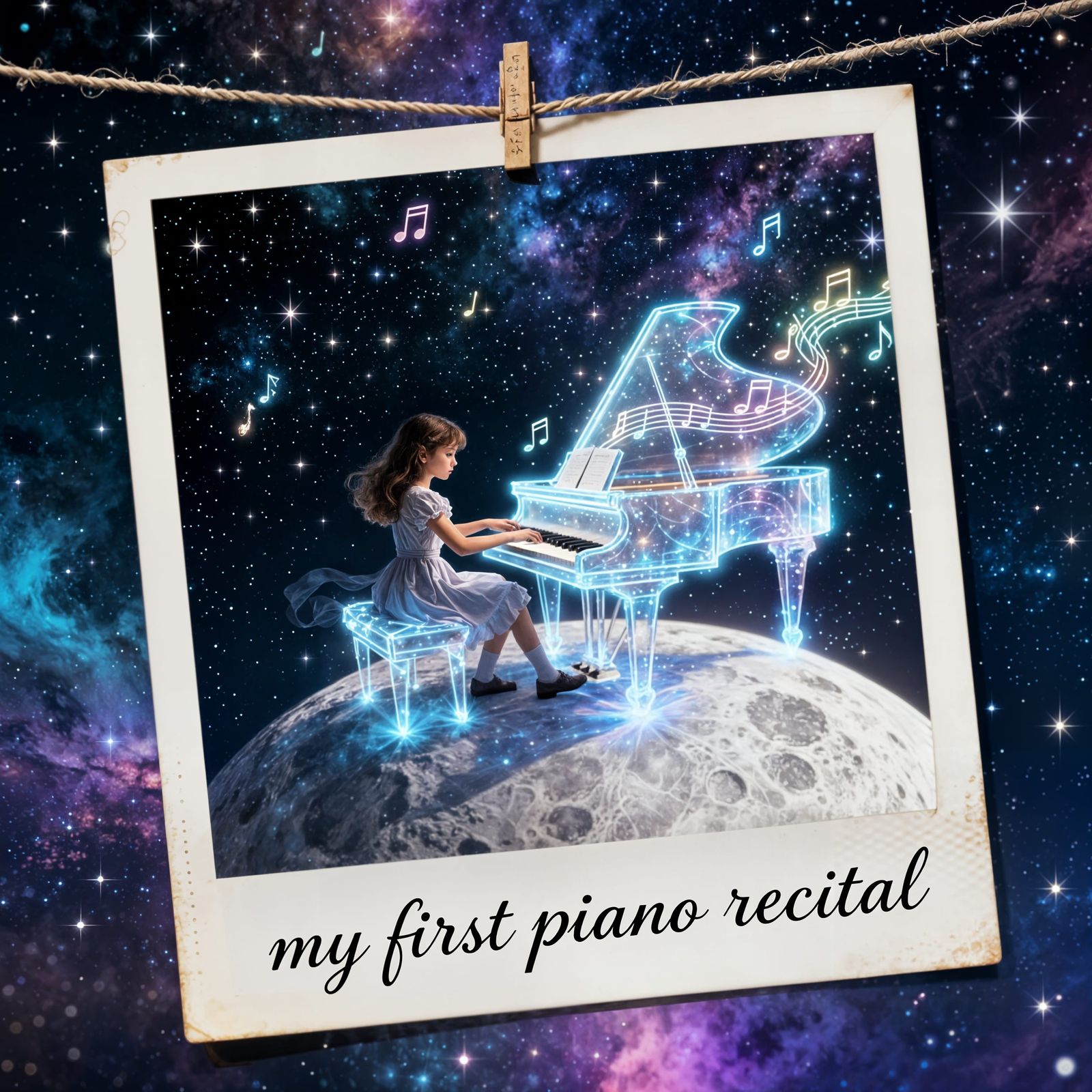 Girl Plays Energy Piano on Moon in Polaroid