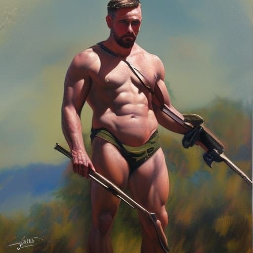 Shirtless Soldier in Oil Painting Style