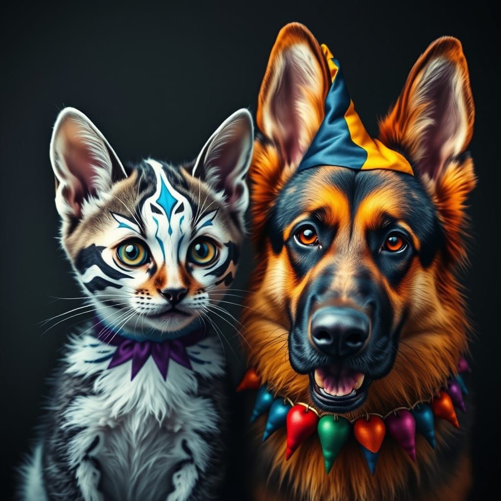Vibrant Portrait of Whimsical Kitten and German Shepherd in....