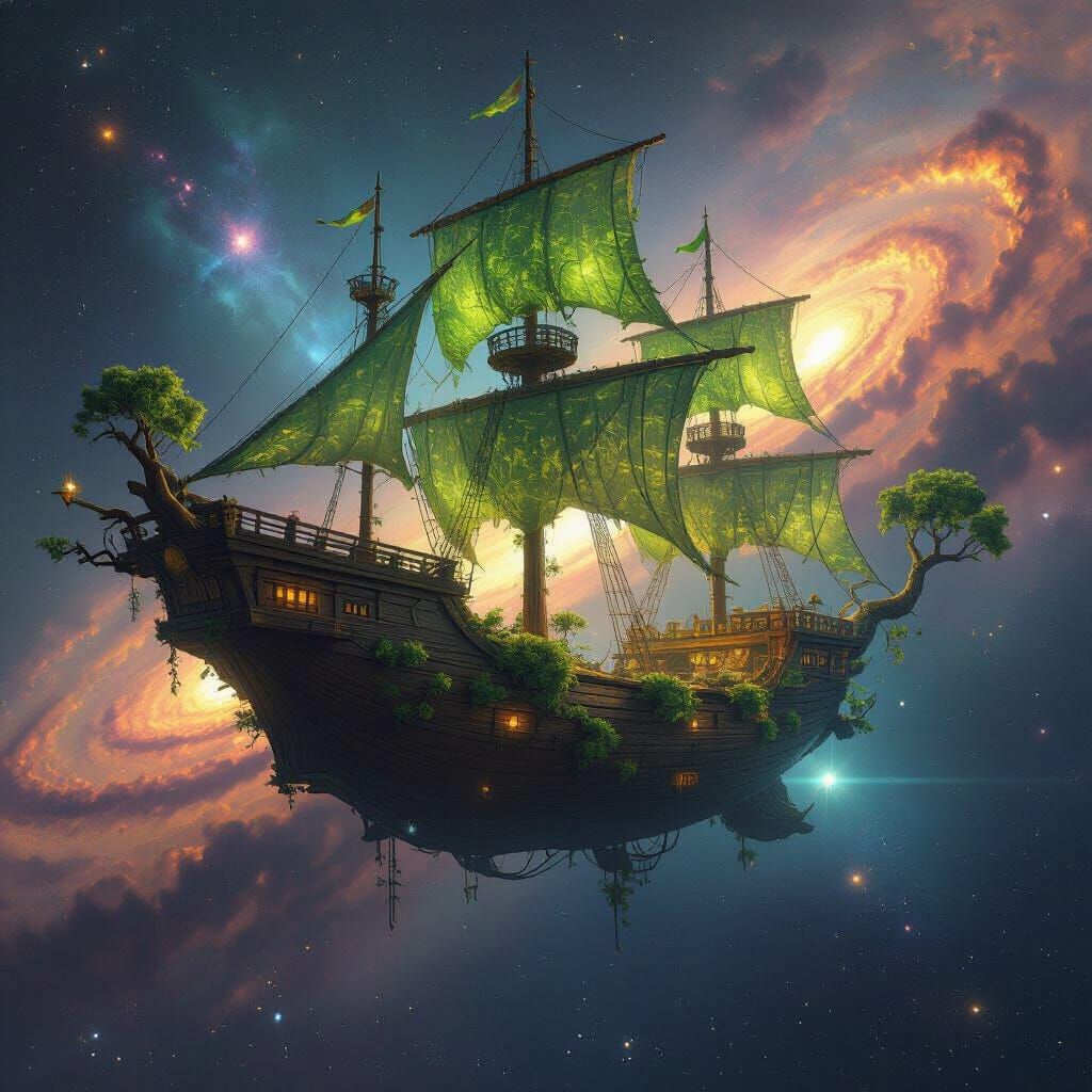 Giant Tree Spaceship with Glowing Leaves in Cosmic Nebula