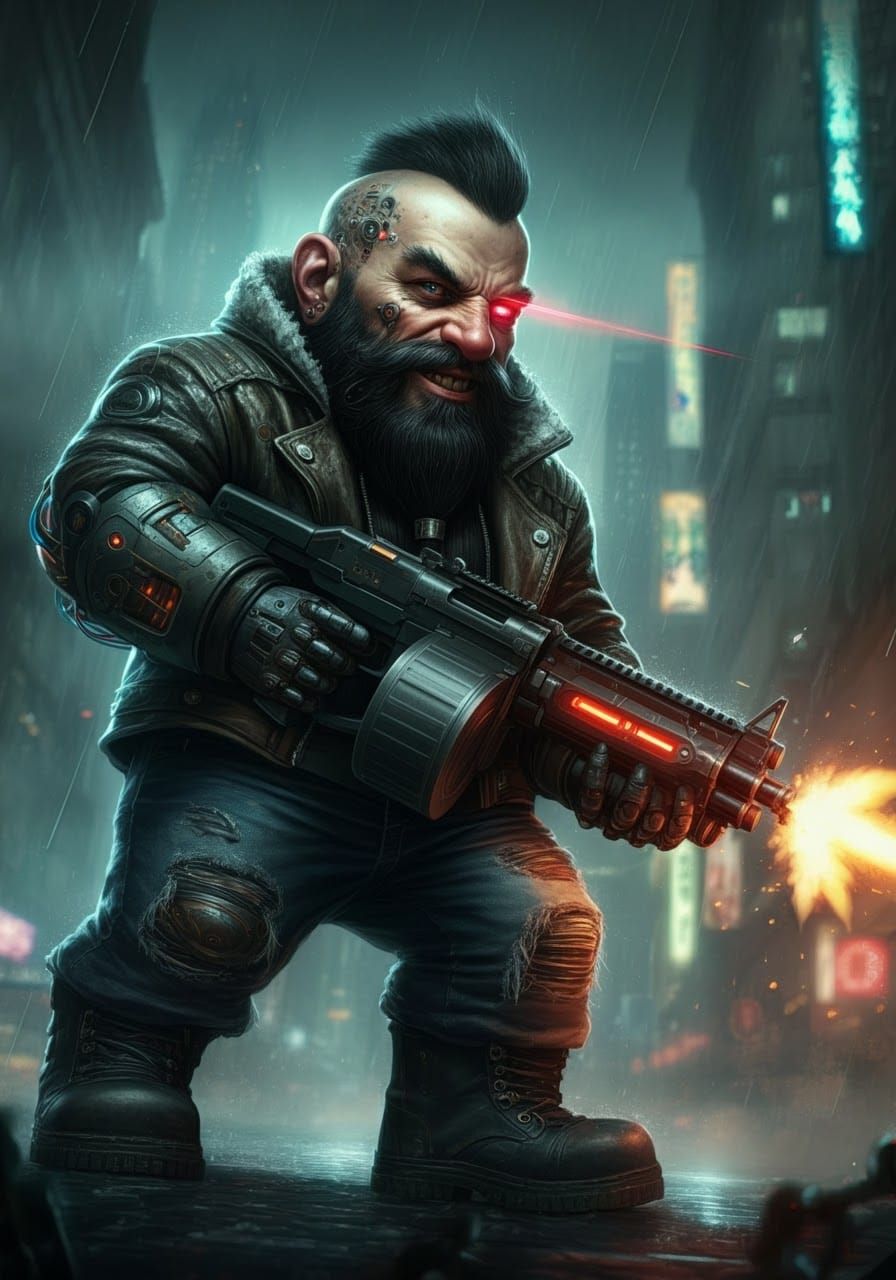 Cyborg Dwarf Enforcer in Cyberpunk Cityscape