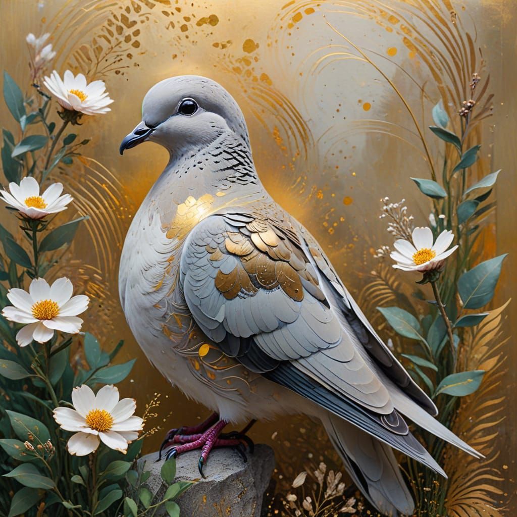 Dove Portrait with Art Deco Geometric Patterns and Meadow