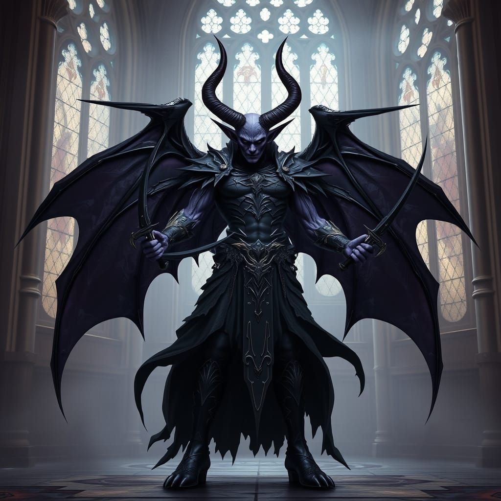 Imposing Demon Figure with Gothic Architecture