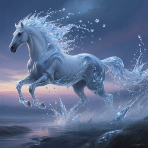 Galloping Stallion of Frozen Liquid and Water Droplets