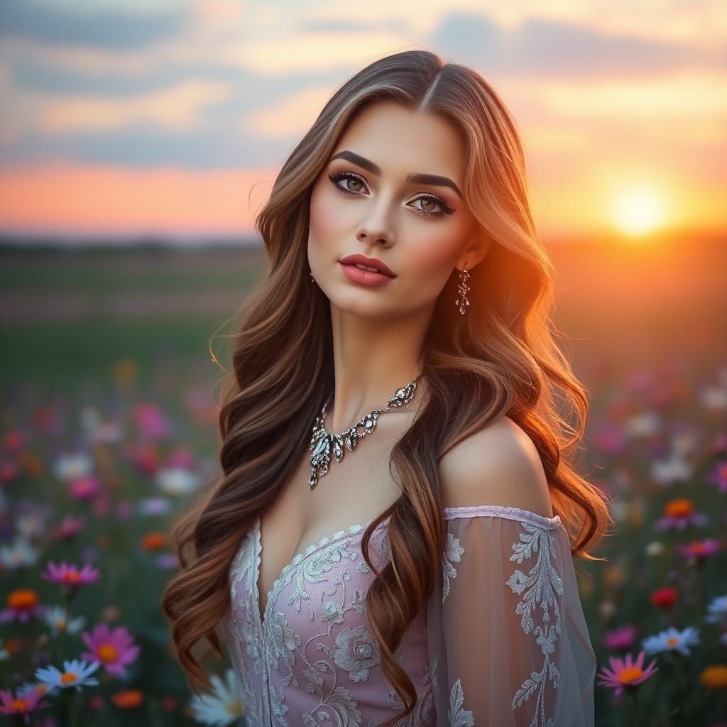 Diamond Adorned Woman in Twilight Field, Art Nouveau Style