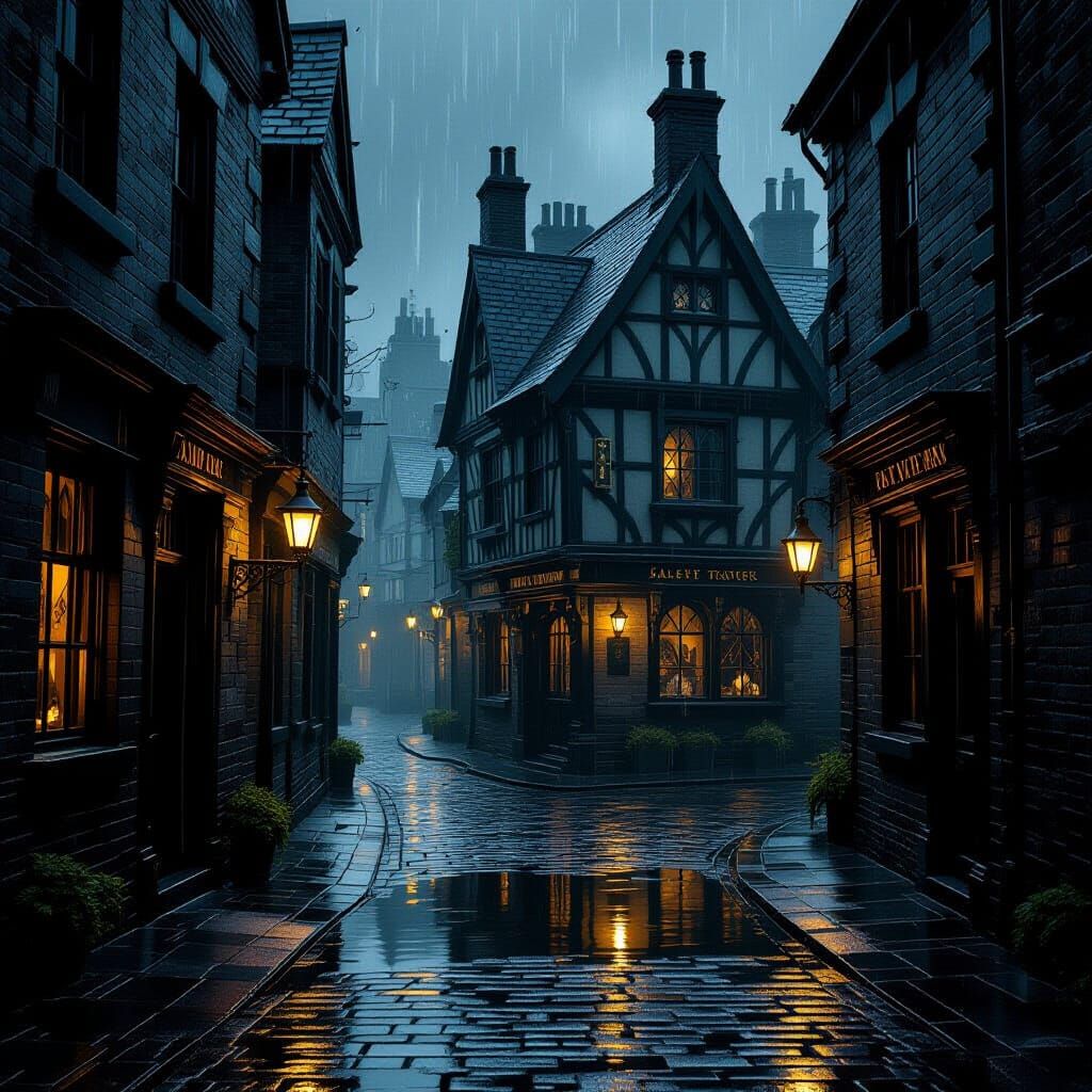Victorian Alleyway with Gothic Tavern in Matte Painting Styl...