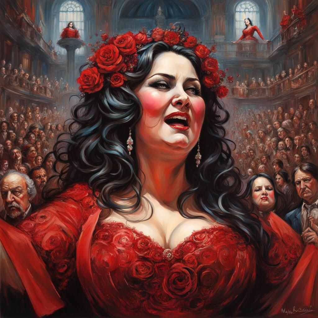 "iconic female opera singer in red. Large orchestra behind her. Opera hall full of people with clapping audience. Singer...