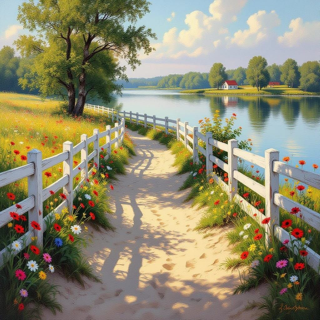 Scenic Sand Path to Blooming Meadow by Serene Lake