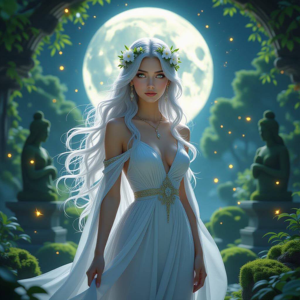 Moonlit Goddess in Mystical Garden: Art Nouveau Style