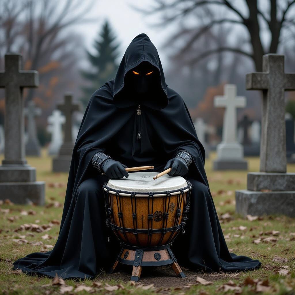 Ominous Figure Plays Drums in Abandoned Cemetery