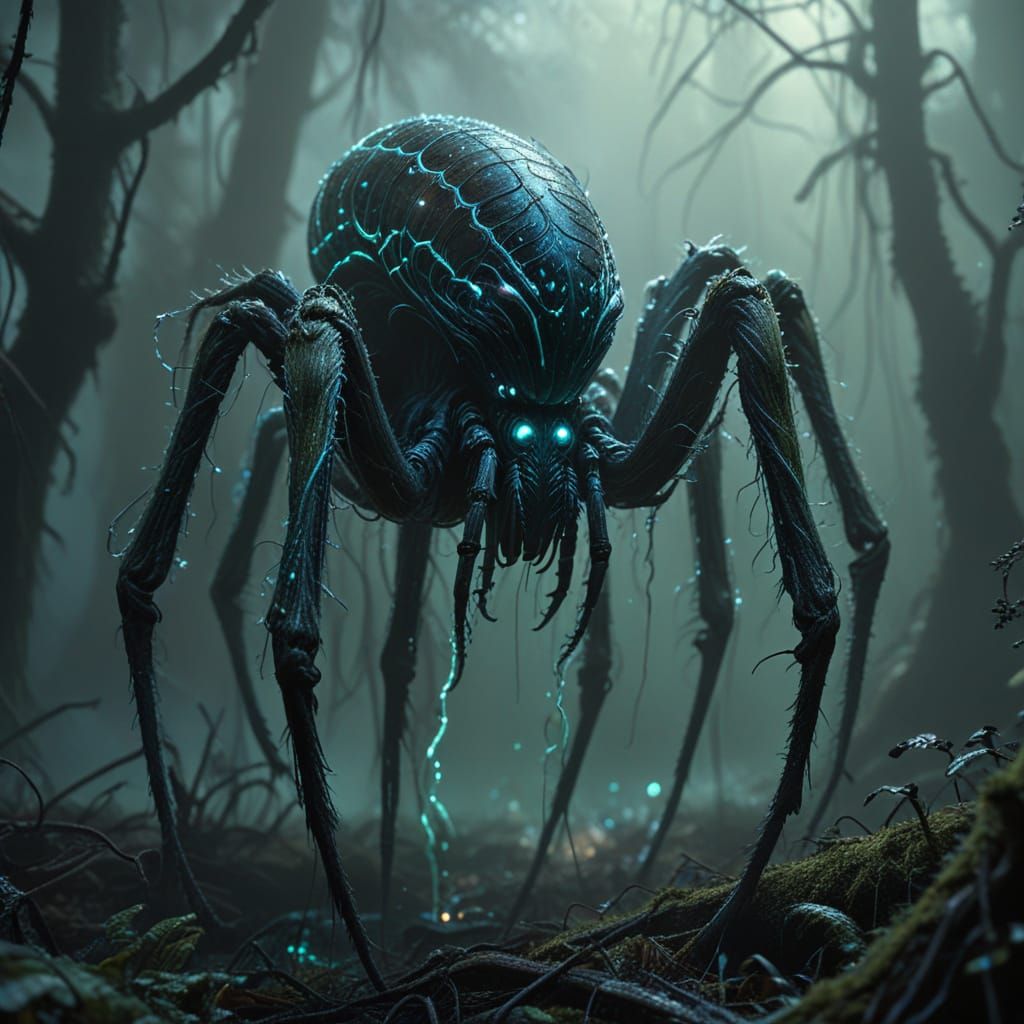 Ethereal Dark Fantasy Arachnid Emerges from Misty Forest
