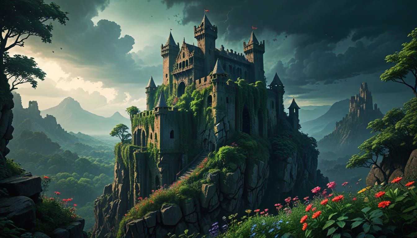 Mystic Ruined Castle on Cliff Overlooking Forest