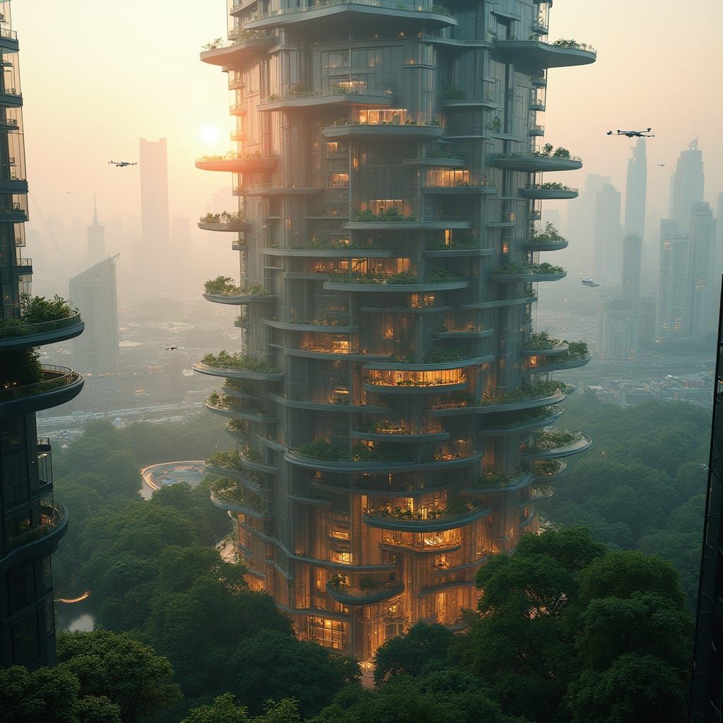 Futuristic Skyscraper in Rainy Cityscape