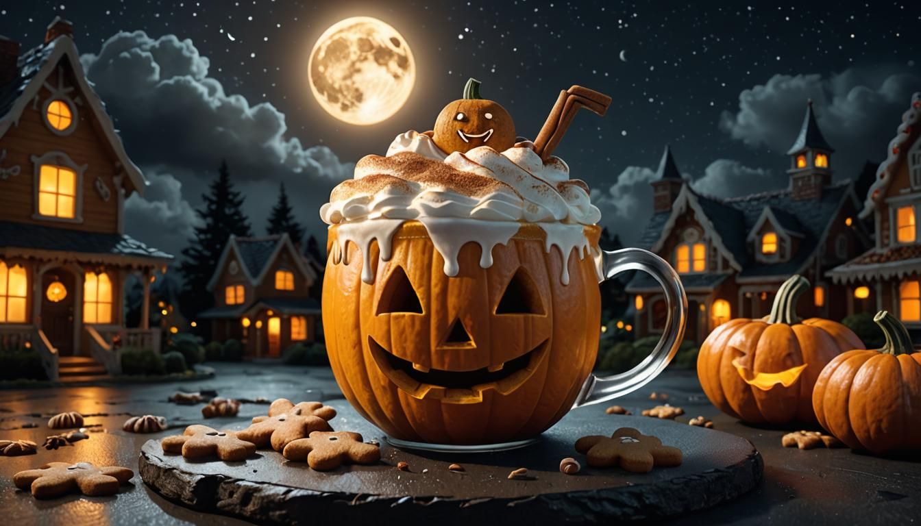 Pumpkin Spice Latte in Pumpkin Under Moonlight