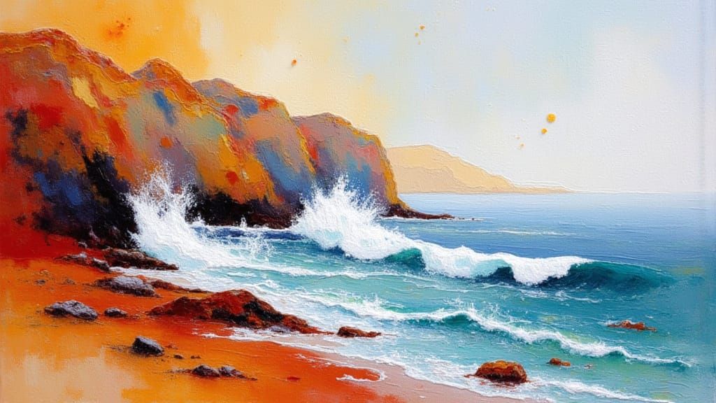 Alcohol Ink Waves Crash On Rocky Coastline