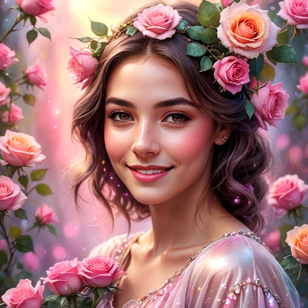 Beautiful Woman in Rose Garden: Fantasy Art