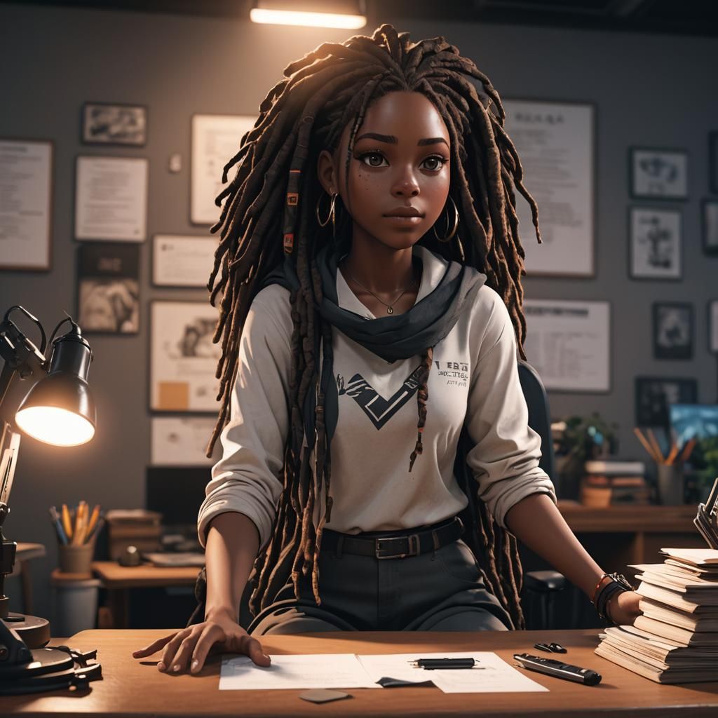 Animated Black Girl with Locs in Anime Style