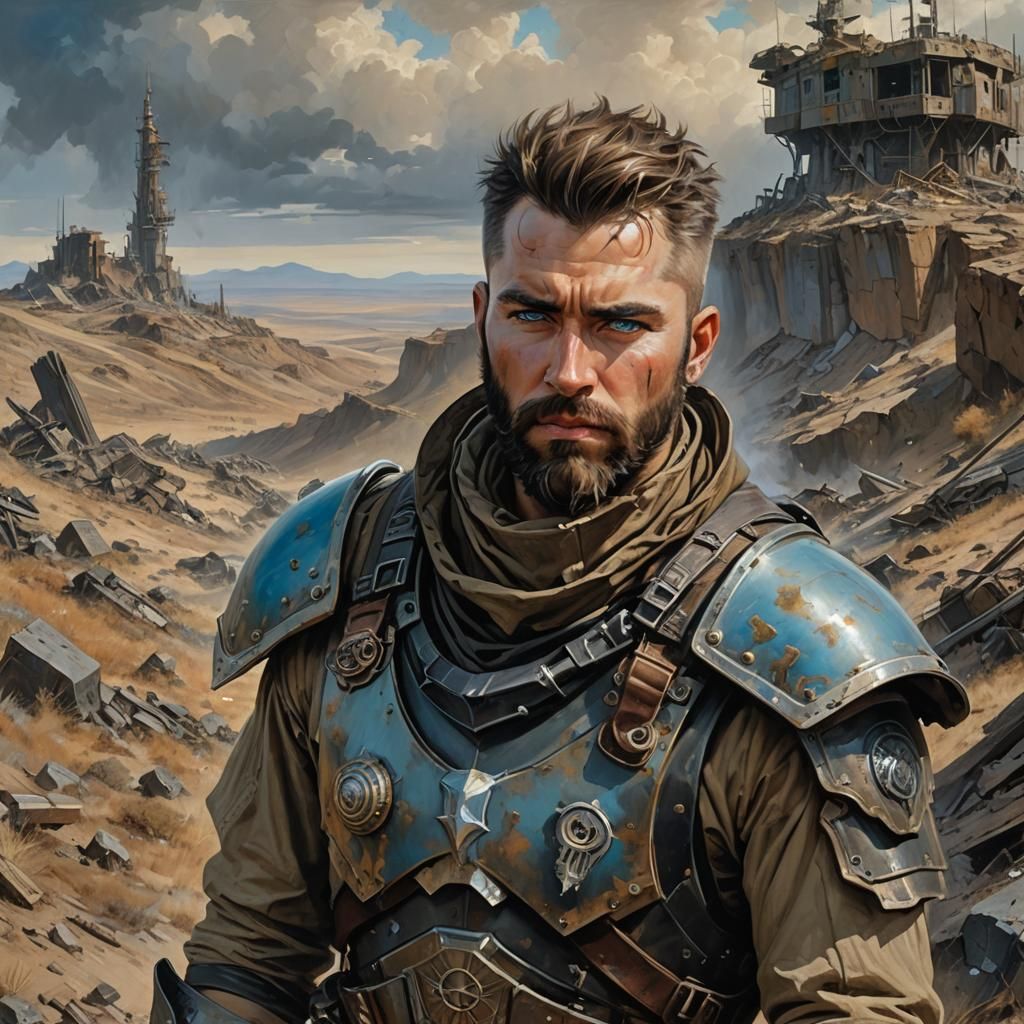 Post-Apocalyptic Knight Portrait in Acrylic Style