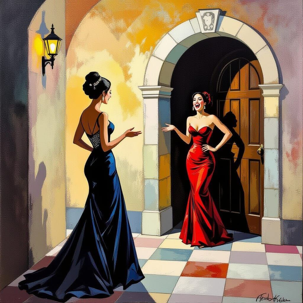 Elegant Woman Taunts Husband in Hallway, Fine Art