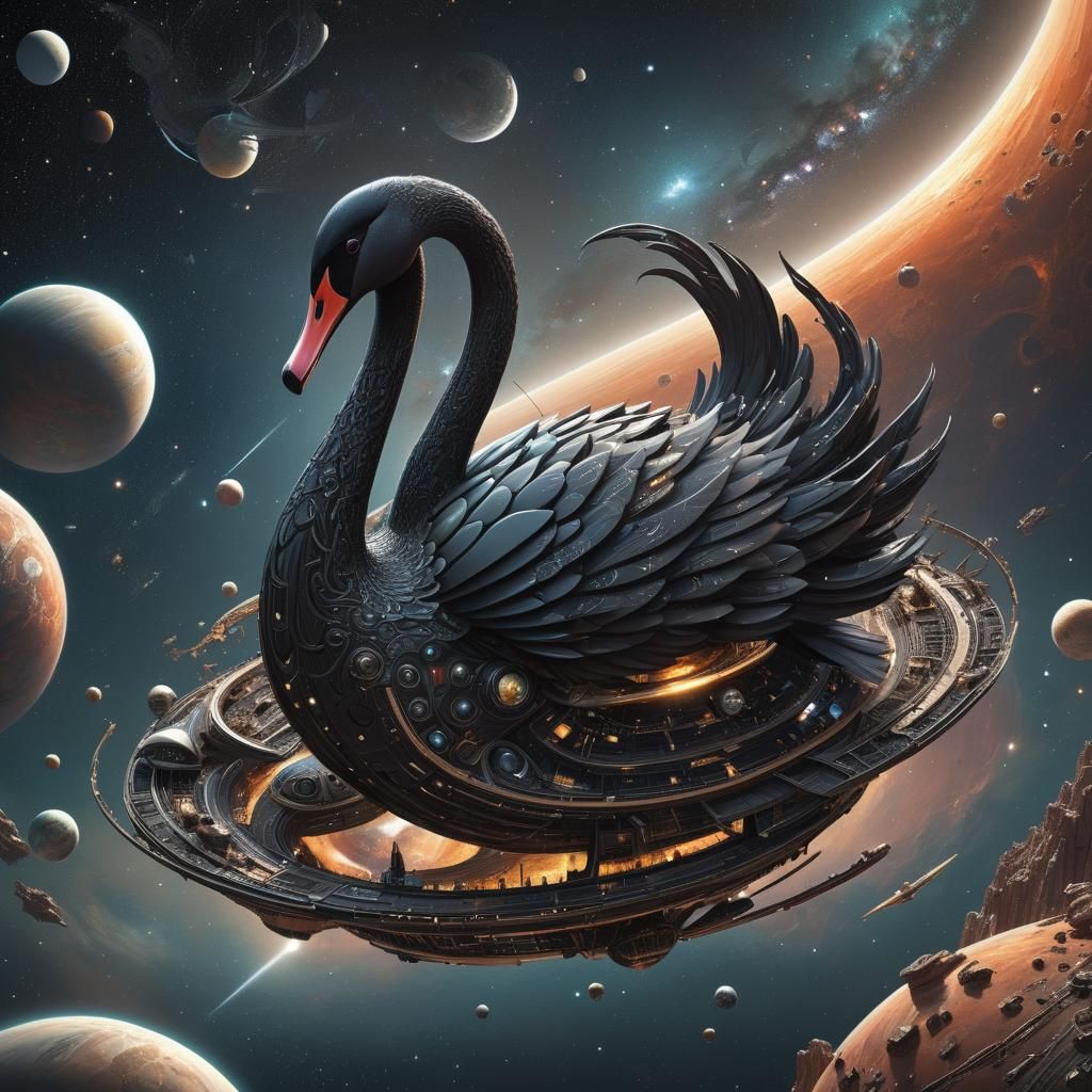 Black Swan Spaceship Orbiting Alien Planet: 3D Render