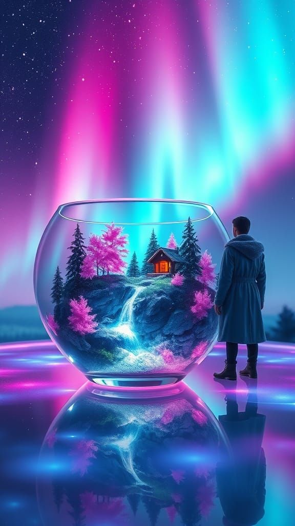 Surreal Dreamlike Scene with Glass Bowl and Enchanted Landsc...