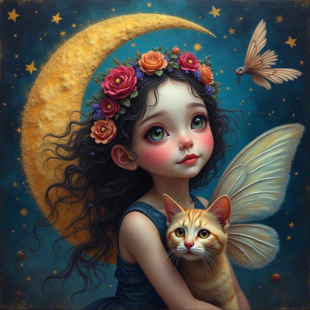 Enchanting Moonfairy with Cat, Heavy 3D Oil Brushwork