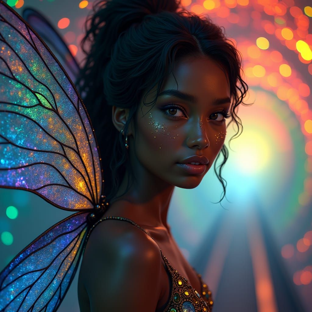 Beautiful Black Fairy Emerges from Rainbow Tunnel