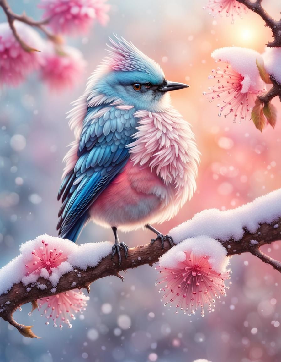 Hyperrealistic Bird with Pink Flowers in Winter