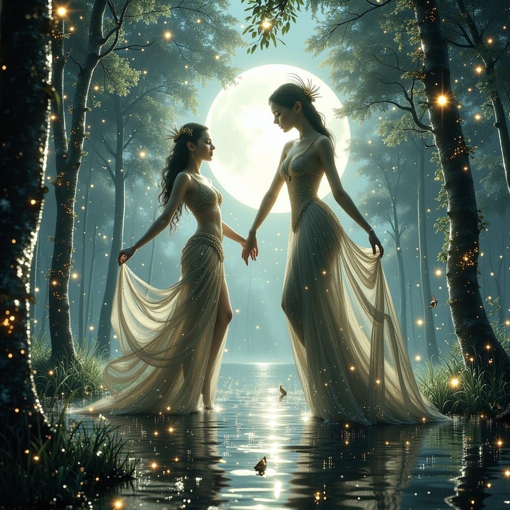 Elves and Pixies Dance in Moonlight, Fantasy Art