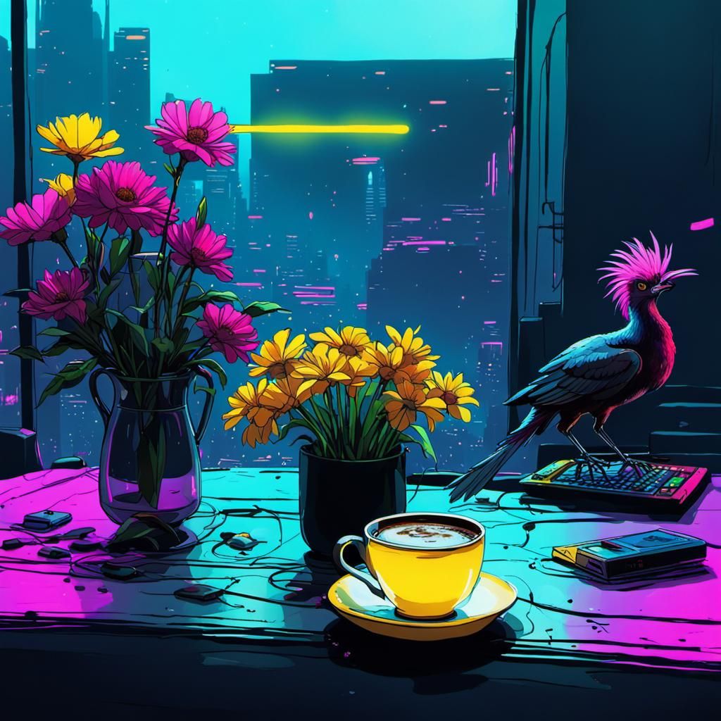 Cyberpunk Good Morning: Neon Flowers and Coffee