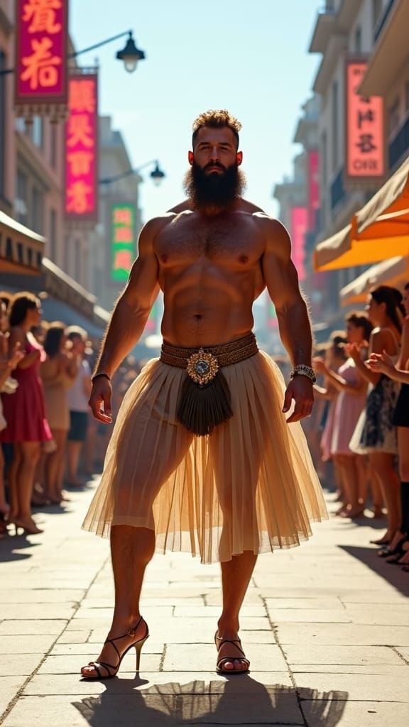Muscular Man in Kilt and Heels at Fashion Fest