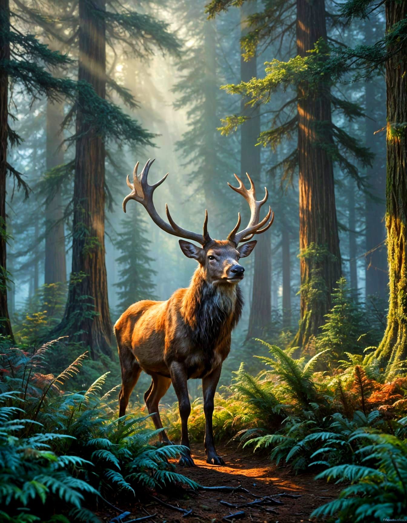 Majestic Stag Wanders into Ethereal Foggy Redwood Forest