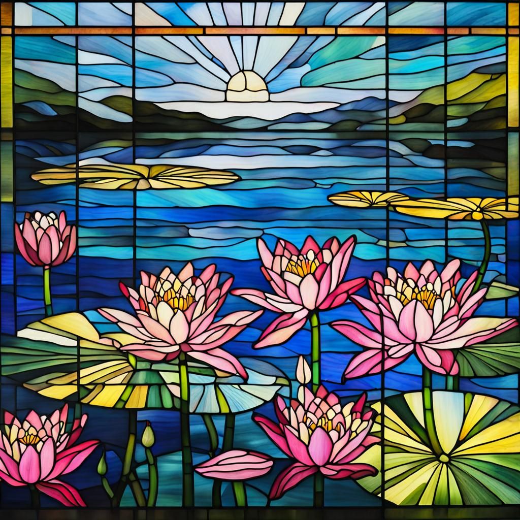 Vibrant Stained Glass Water Lily Pond