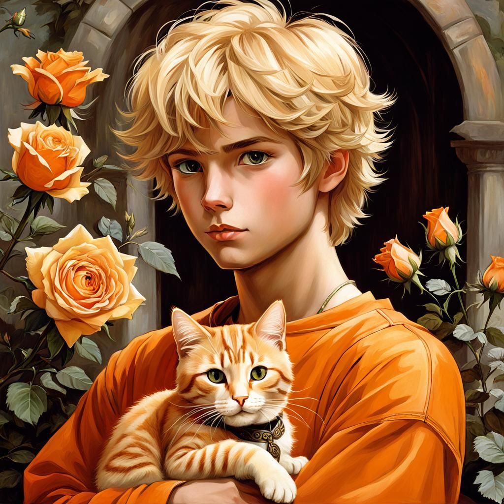 Boy with Cat in Rose Garden, Waterhouse Style