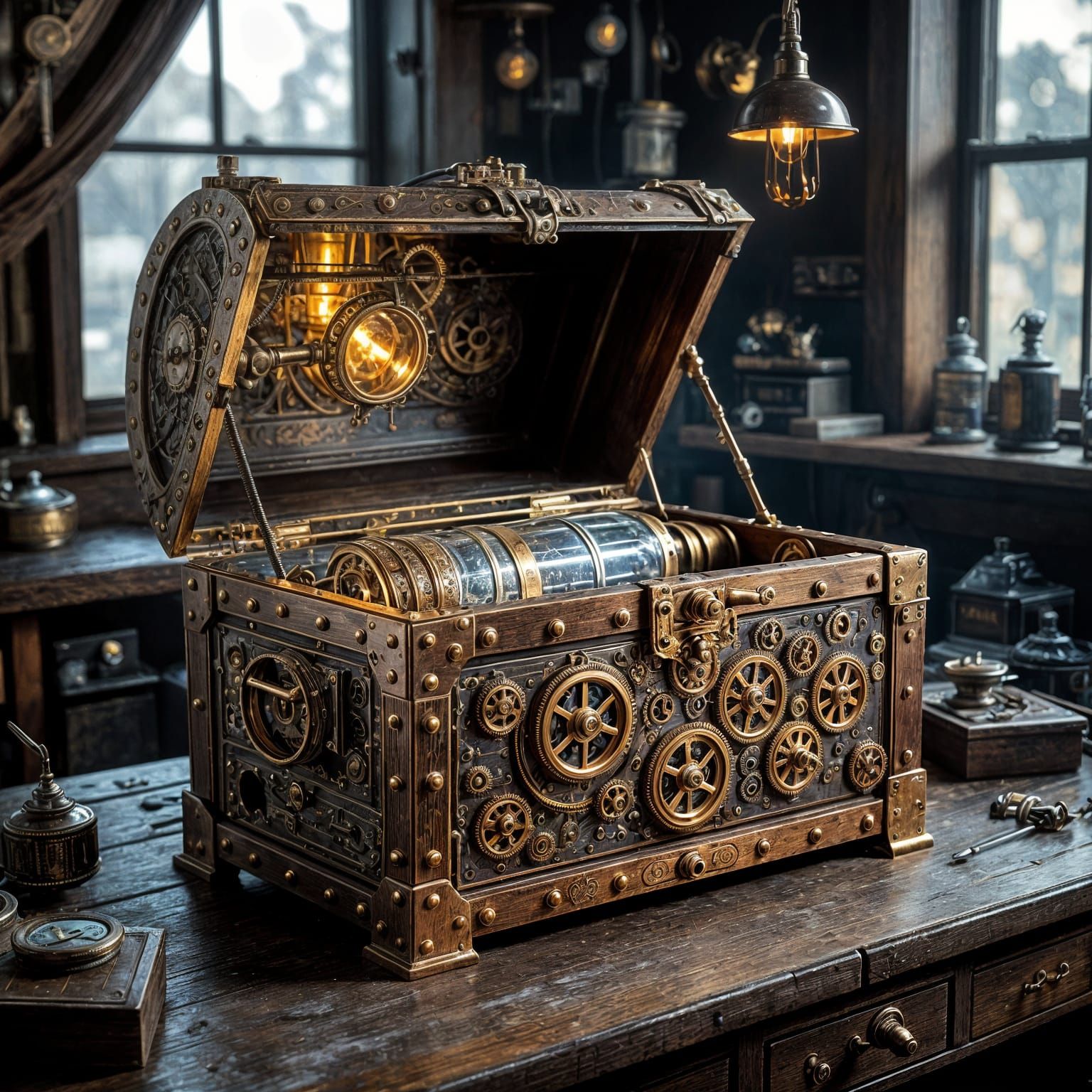 Steampunk Treasure Chest in Victorian Workshop