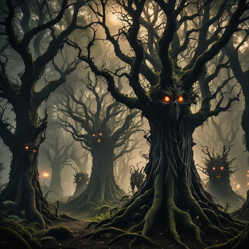 Eerie Mythical Creatures in Dark Fantasy Scene