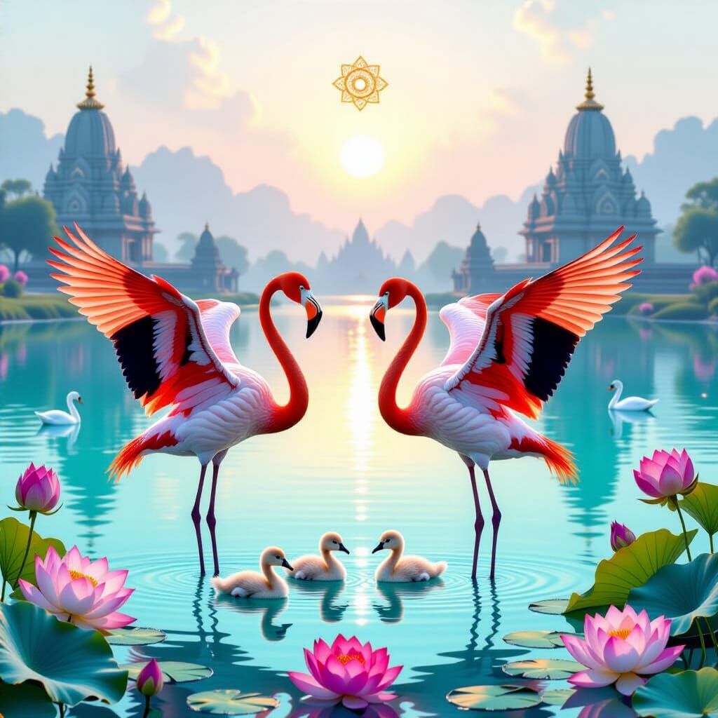 Flamingo Family by Sacred Vedic Lake