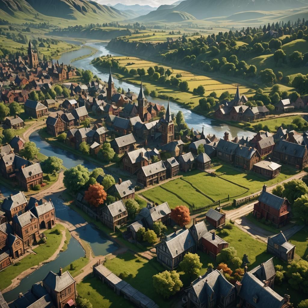Victorian Town and Farmland: Detailed Matte Painting
