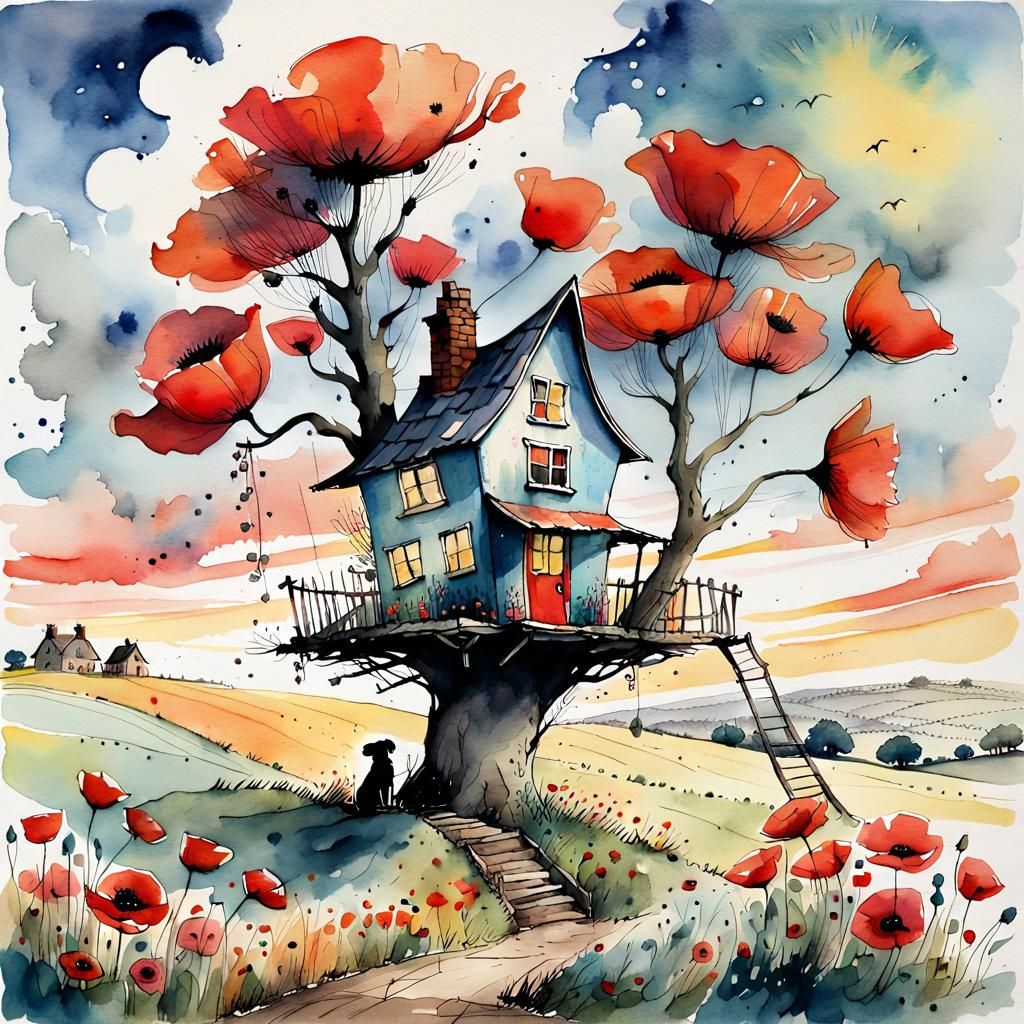 Whimsical House with Poppies Illustration