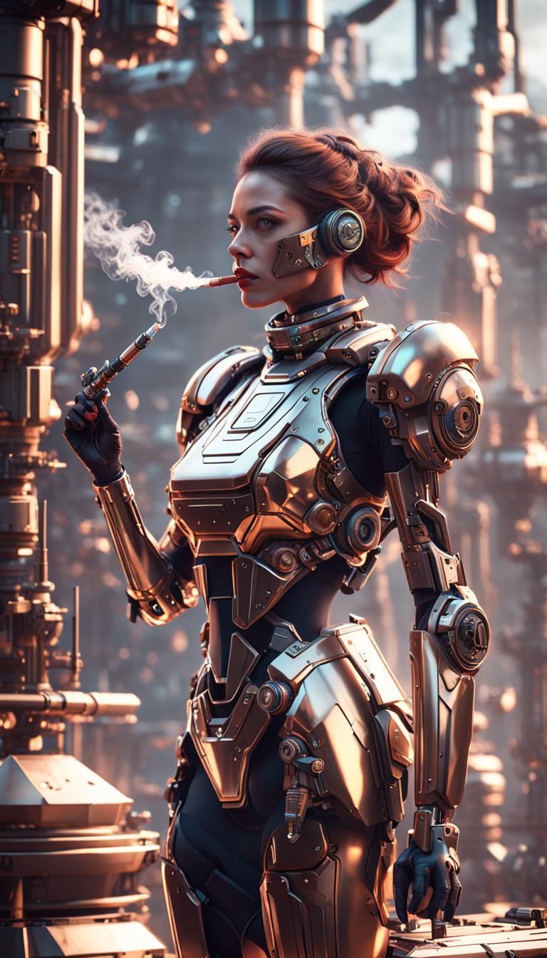 Girl Smoking Cigar in Cyberpunk Style, 2070