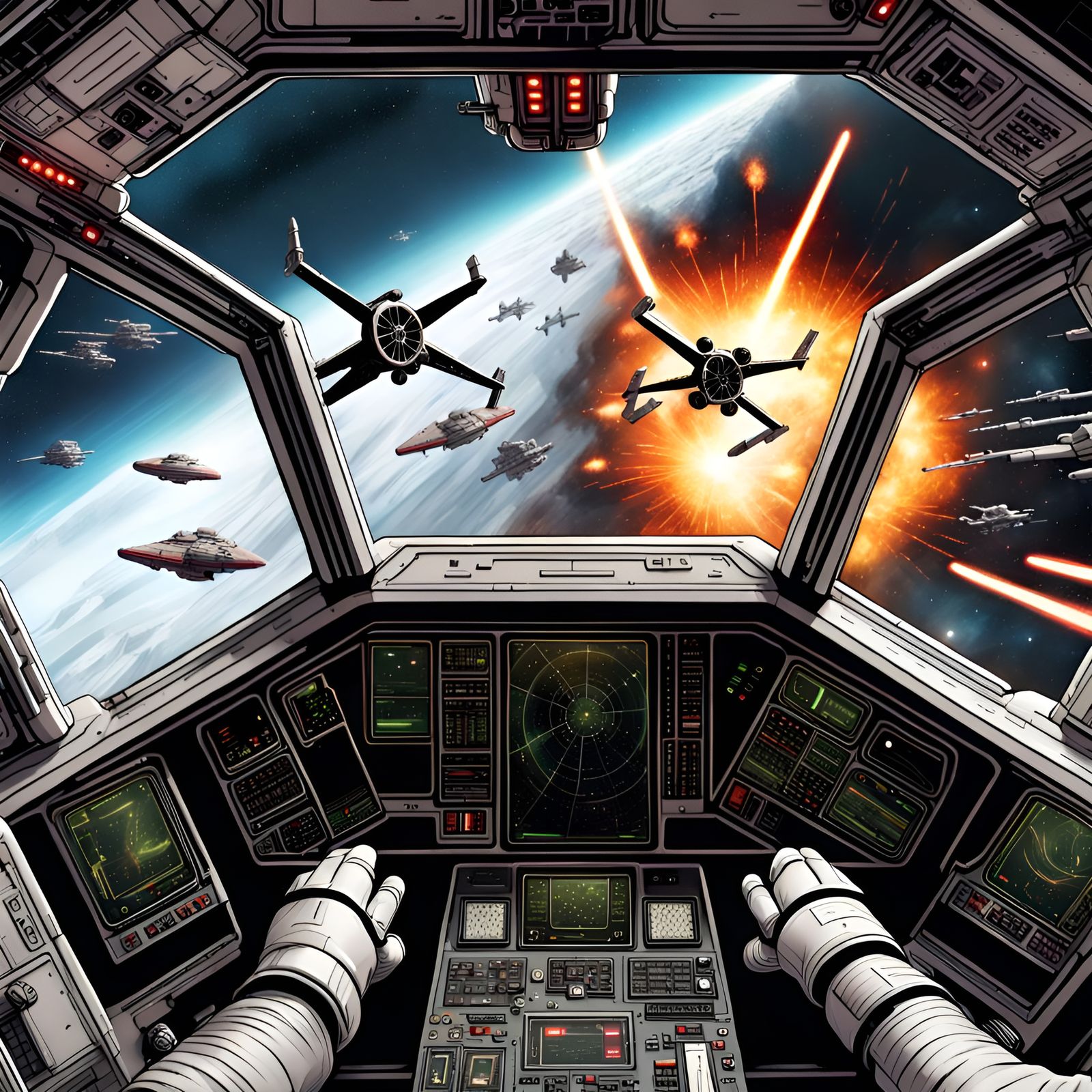 View from the cockpit of a space-fighter during a battle
