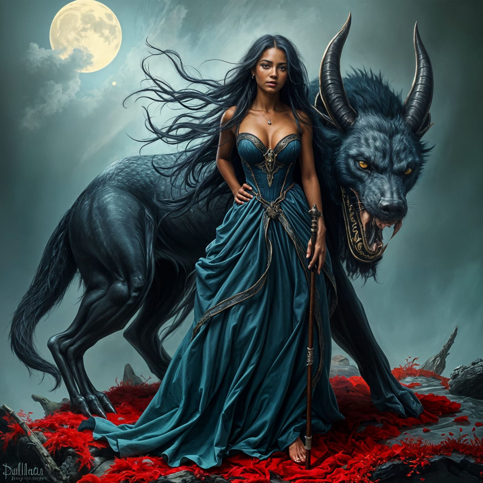 Ebony Princess and Hellhound in Impressionistic Oil Painting