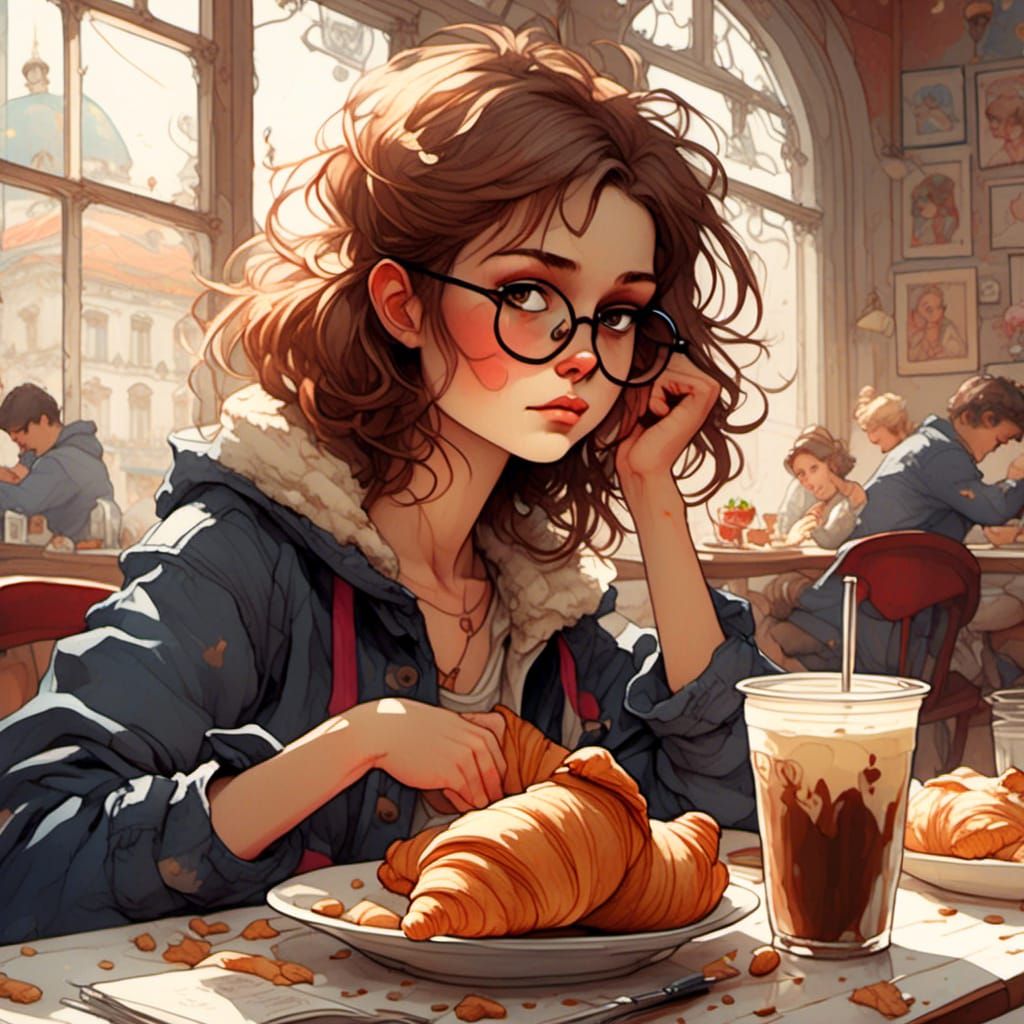 Cute Girl Eating Breakfast in Aquarell Style