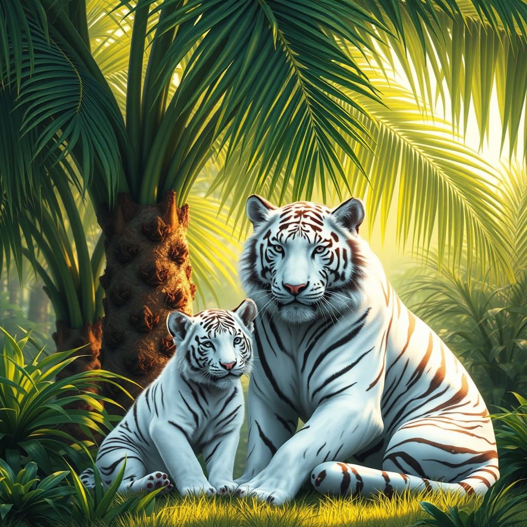 White Tigress and Cub in Lush Digital Art