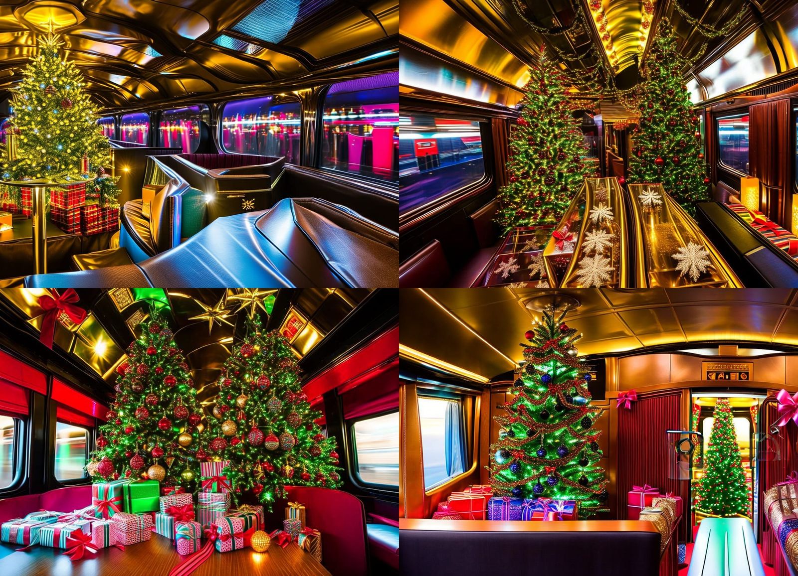 Christmas Train Interior with Gifts and Shimmering Light