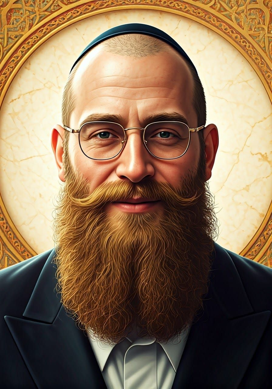 A handsome, ultra-Orthodox, Hasidic Jewish man, bald head, 00, with two sideburns, curled on both sides, neat, intellige...