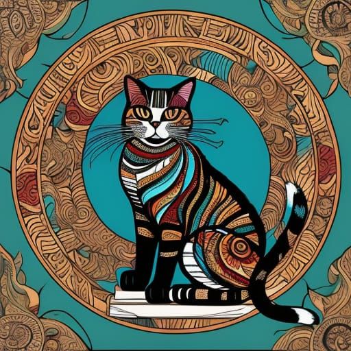 Art Nouveau Tabby Cat Wall Tile with Floral Border