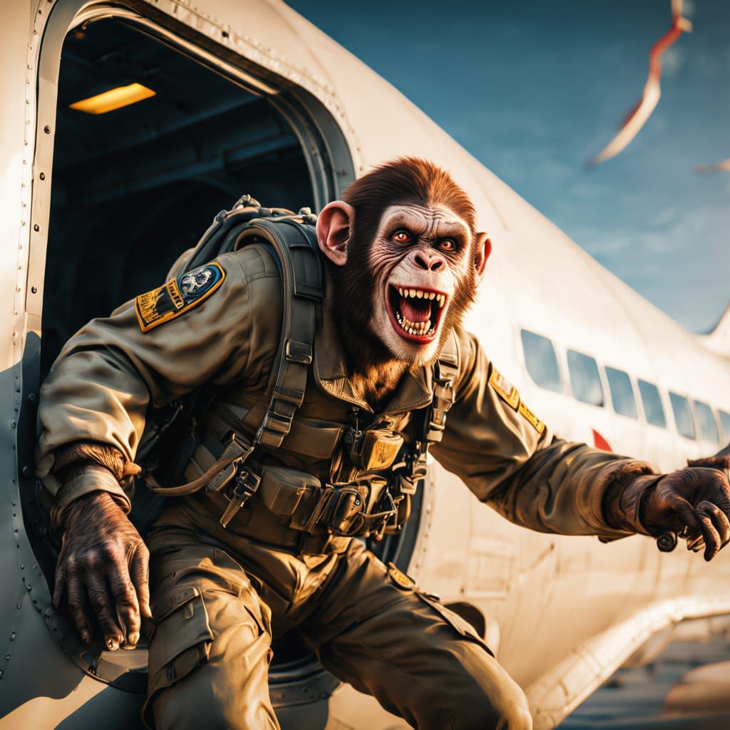 Epic Comic Book Art of a Zombie Monkey Paratrooper in Flight