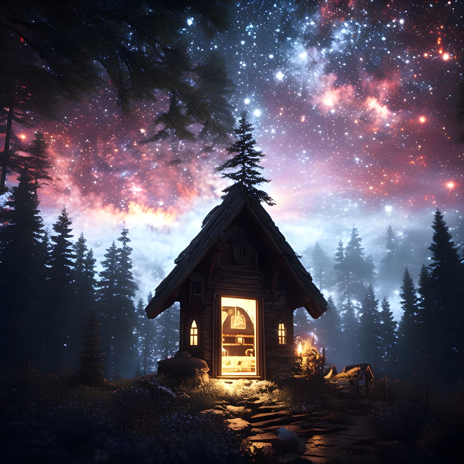 Cozy Cabin Shrine Under Starry Night Sky