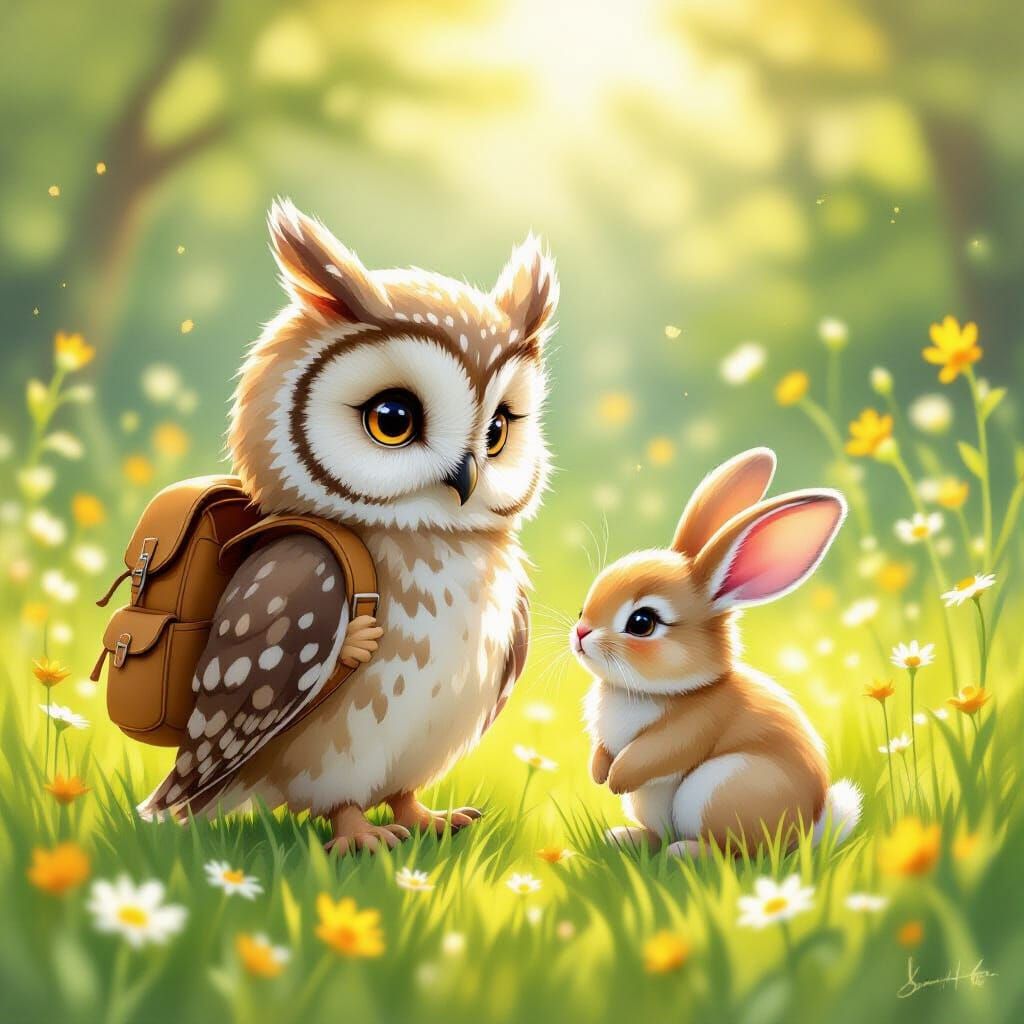 Cute Owl and Bunny Play in Sunny Meadow